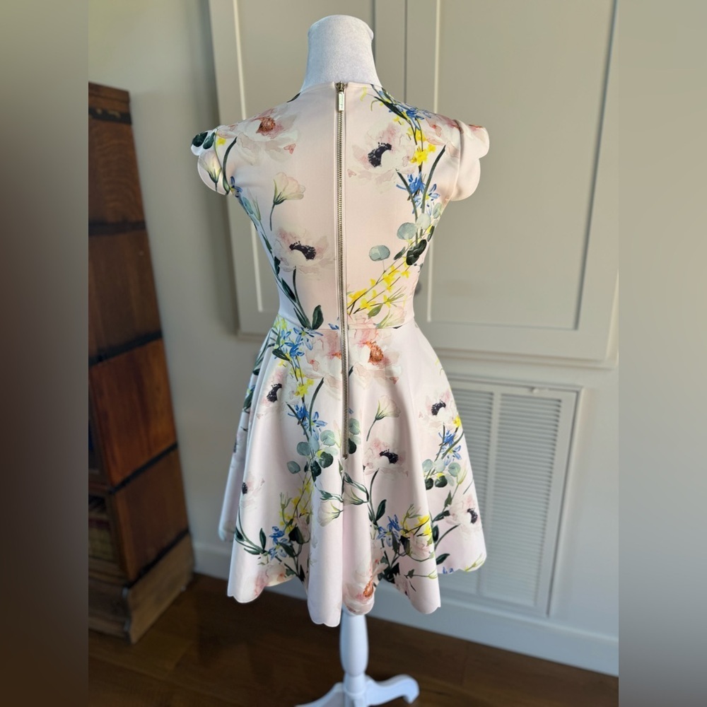 Ted Baker Karsali Elegance Scallop Skater Nude Pink Floral Cap Sleeve Dress 2 XS - Picture 10 of 16